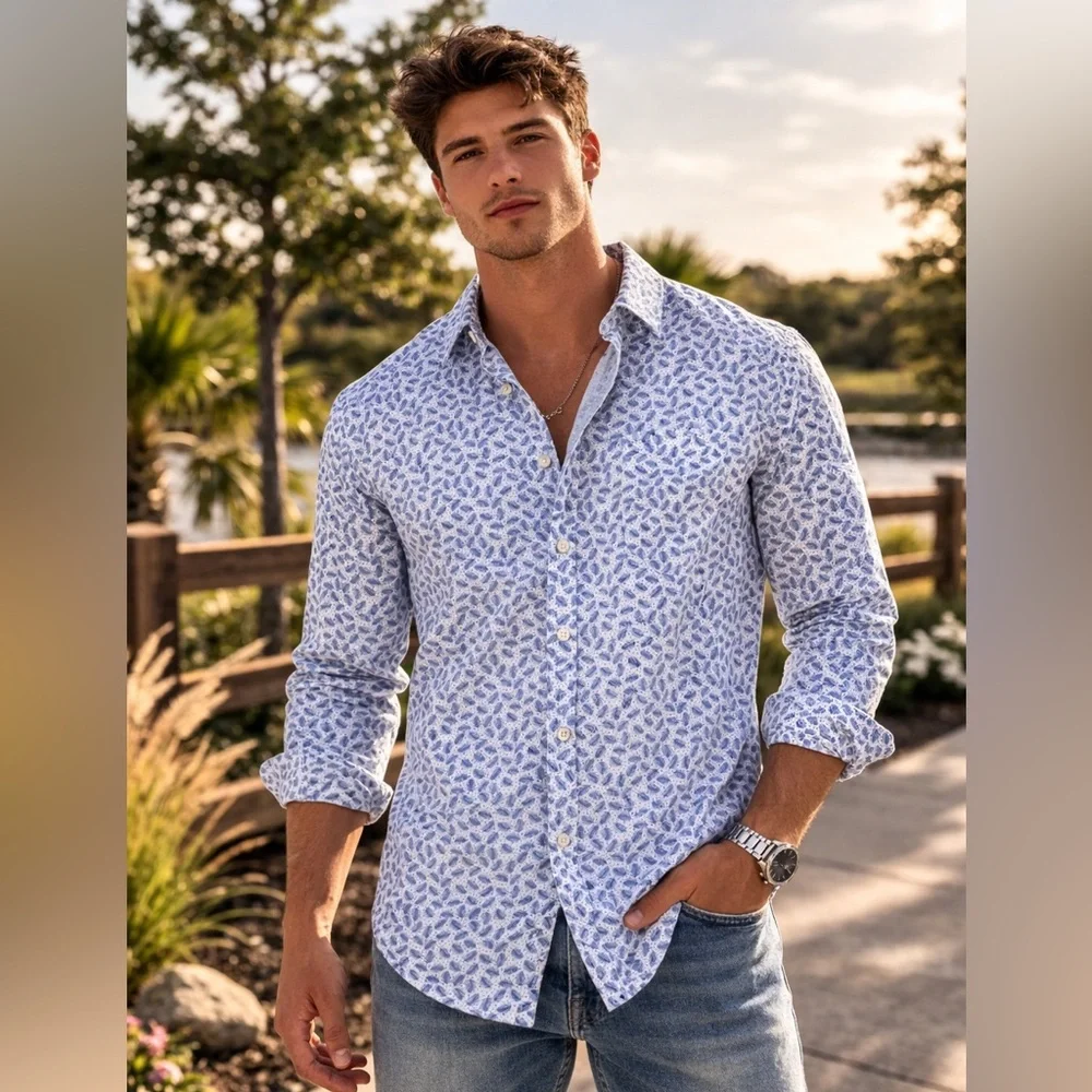 Apt. 9 White and Blue Leaf Print Shirt - Picture 1 of 6